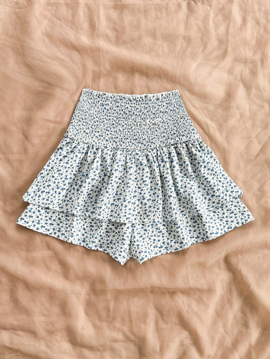 WYWH Shorts cortos de linea A doble capa para mujer con flores azules y blancas, perfectos para vacaciones