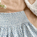 WYWH Shorts cortos de linea A doble capa para mujer con flores azules y blancas, perfectos para vacaciones