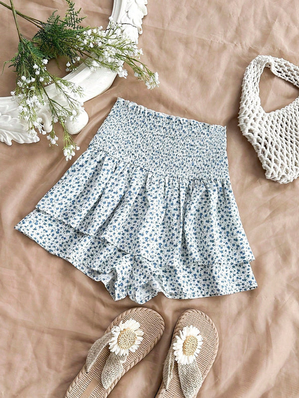 WYWH Shorts cortos de linea A doble capa para mujer con flores azules y blancas, perfectos para vacaciones