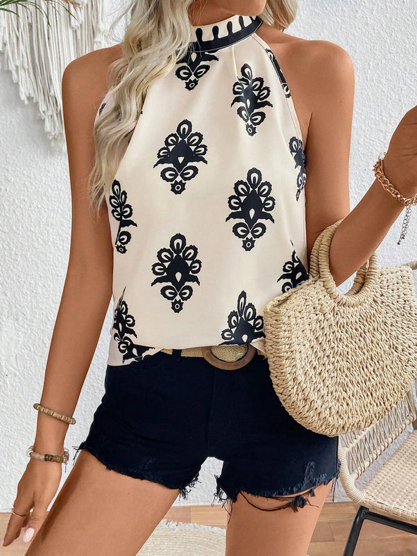 Blusa sin mangas con cuello halter estampado para mujer