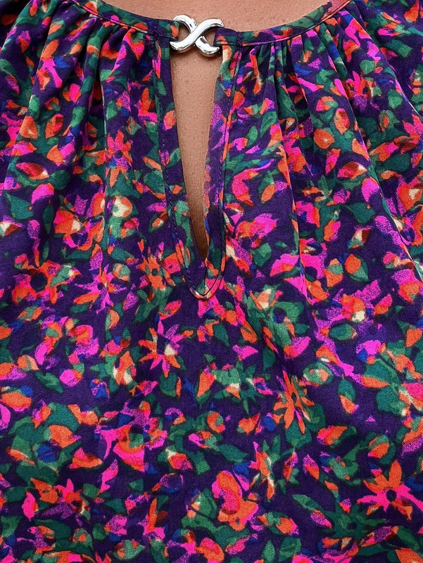 LUNE Camisa morada sin mangas con flores pequenas para mujer, informal de verano para vacaciones o trabajo de maestra