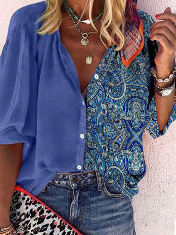 Camisa informal de manga corta con estampado azul empalmado