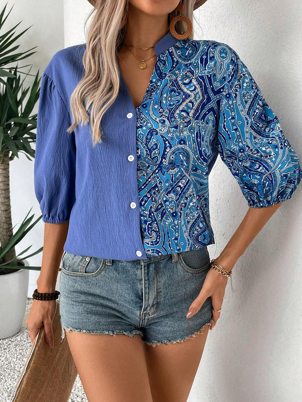 Camisa informal de manga corta con estampado azul empalmado