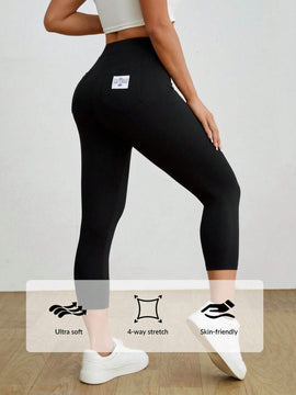 PETITE Mallas negras informales y elasticas para mujeres con detalles de etiqueta en la parte trasera