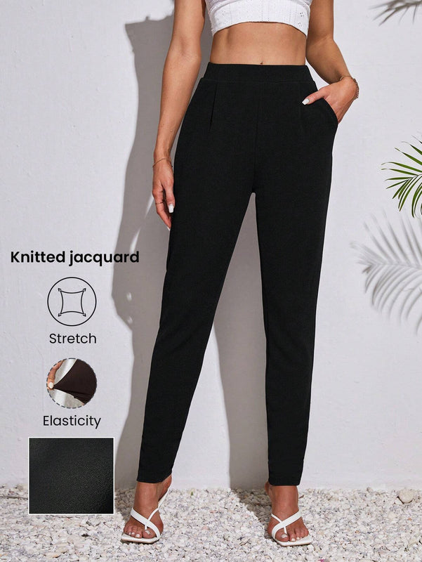 Tall Pantalones negros de cintura alta para mujer con pliegues y bolsillos de ajuste estrecho