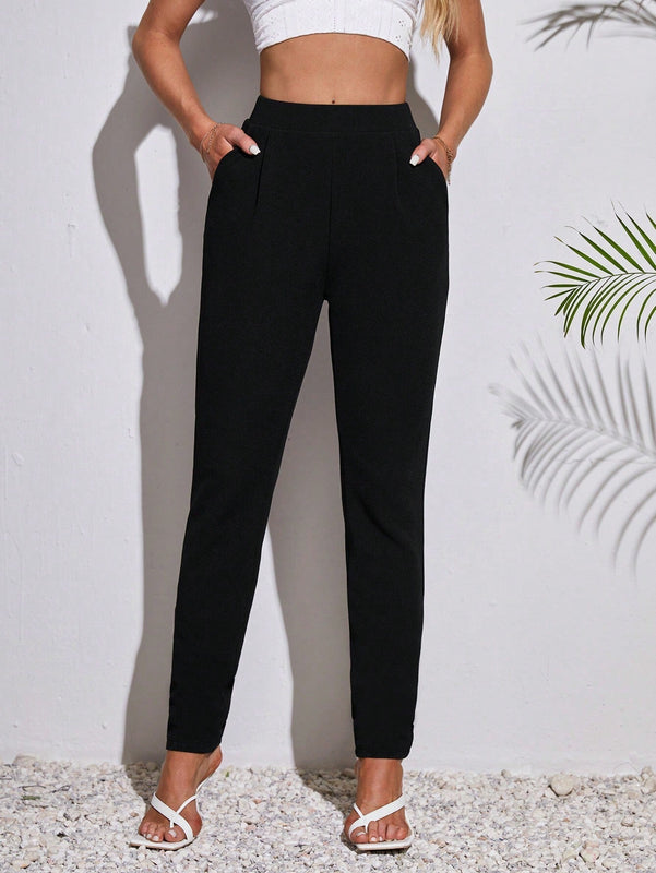 Tall Pantalones negros de cintura alta para mujer con pliegues y bolsillos de ajuste estrecho