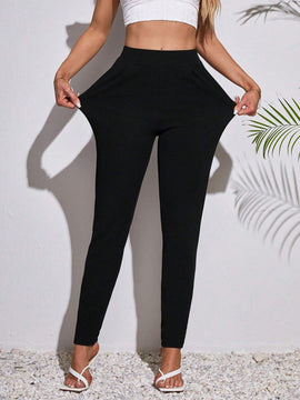 Tall Pantalones negros de cintura alta para mujer con pliegues y bolsillos de ajuste estrecho
