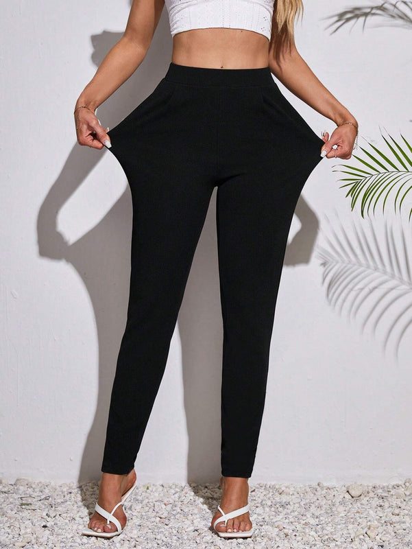 Tall Pantalones negros de cintura alta para mujer con pliegues y bolsillos de ajuste estrecho