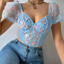 Top de sosten para mujer (con aros, ballenas de plastico, mangas abullonadas, se puede usar como prenda exterior) (Festival de musica)