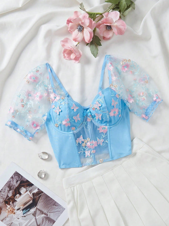 Top de sosten para mujer (con aros, ballenas de plastico, mangas abullonadas, se puede usar como prenda exterior) (Festival de musica)