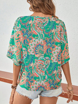 VCAY Camisa casual de vacaciones de verano con diseno completo de cuello en V impreso en toda la tela