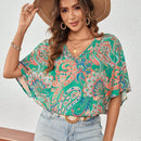 VCAY Camisa casual de vacaciones de verano con diseno completo de cuello en V impreso en toda la tela
