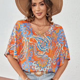 Camisa casual con cuello en V y estampado por todo el Body, de verano