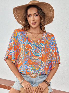 Camisa casual con cuello en V y estampado por todo el Body, de verano