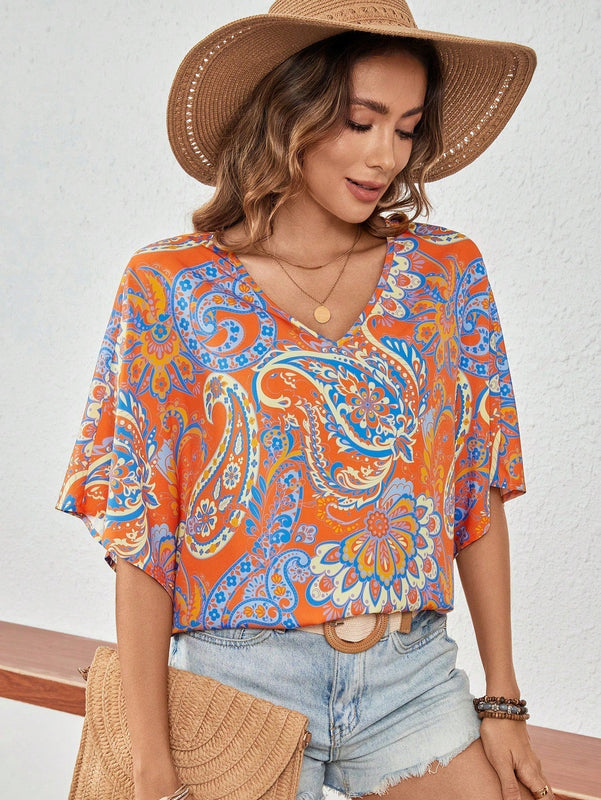 Camisa casual con cuello en V y estampado por todo el Body, de verano