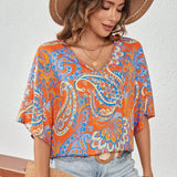 Camisa casual con cuello en V y estampado por todo el Body, de verano