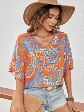 Camisa casual con cuello en V y estampado por todo el Body, de verano