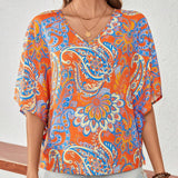 Camisa casual con cuello en V y estampado por todo el Body, de verano