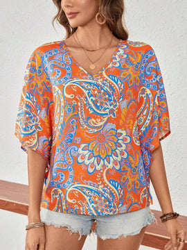 Camisa casual con cuello en V y estampado por todo el Body, de verano