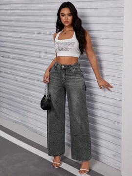 Essnce Pantalones Jeans anchos de pierna ancha con bolsillos para mujer, con ajuste suelto y casual