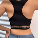 NEW Top de sujetador sin mangas para mujer con parche de malla, cinta de jacquard con letras