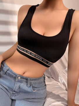 NEW Top de sujetador sin mangas para mujer con parche de malla, cinta de jacquard con letras