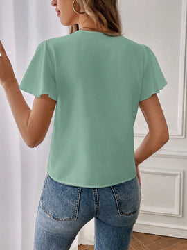Essnce Camisa casual de mujer con cuello en V y solapa con unicolor para el trabajo diario