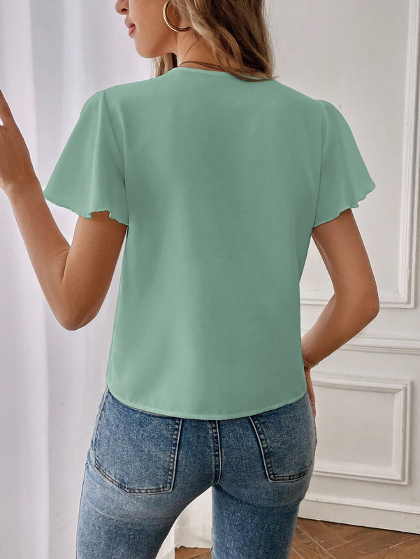 Essnce Camisa casual de mujer con cuello en V y solapa con unicolor para el trabajo diario