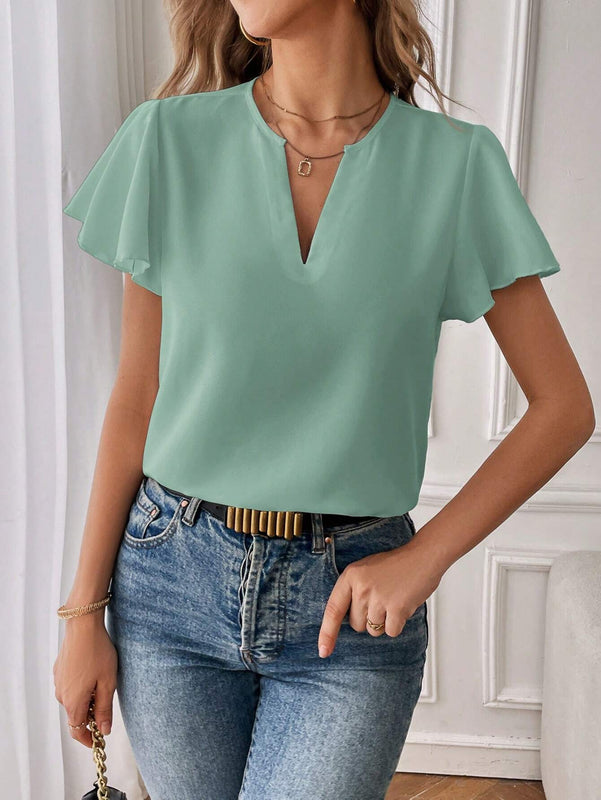 Essnce Camisa casual de mujer con cuello en V y solapa con unicolor para el trabajo diario