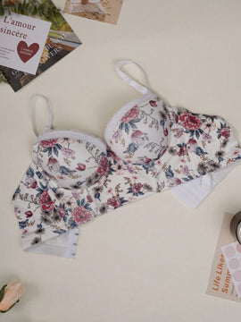 NEW Sujetador para mujeres con flores blancas y estampado floral, con aro sexy push up y ajustable