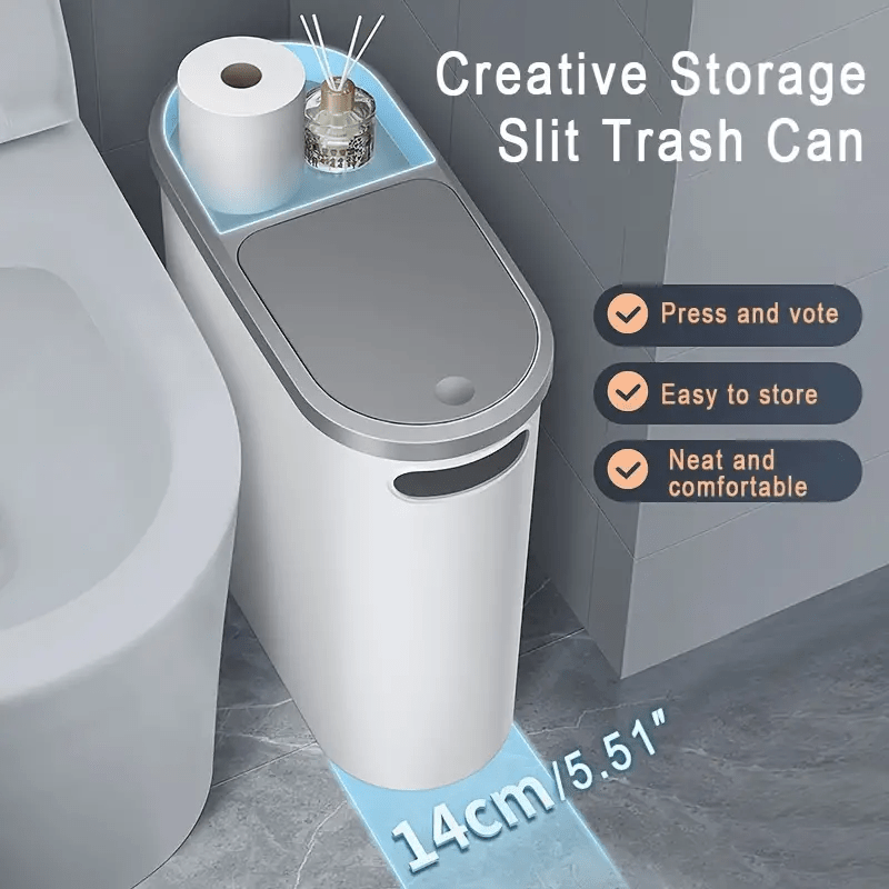 10L Cubo de Baño Delgado con Tapa Ranurada - Plástico Duradero, Diseño Compacto Ahorrador de Espacio, Apertura Sin Manos y Contención de Olores, Cesto Moderno para Baños Pequeños, Papelera Elegante y Estilizada