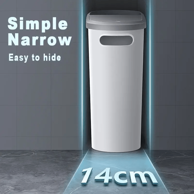 10L Cubo de Baño Delgado con Tapa Ranurada - Plástico Duradero, Diseño Compacto Ahorrador de Espacio, Apertura Sin Manos y Contención de Olores, Cesto Moderno para Baños Pequeños, Papelera Elegante y Estilizada