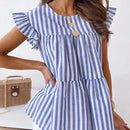 LUNE Blusa casual de manga corta con gorra de rayas y cuello redondo para mujeres