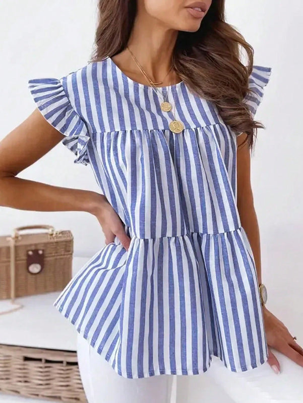 LUNE Blusa casual de manga corta con gorra de rayas y cuello redondo para mujeres