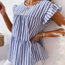 LUNE Blusa casual de manga corta con gorra de rayas y cuello redondo para mujeres