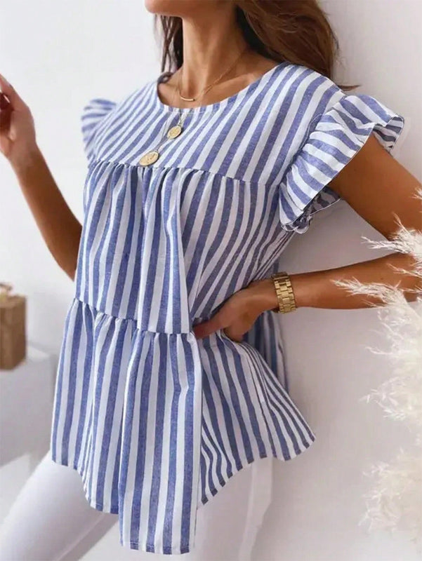 LUNE Blusa casual de manga corta con gorra de rayas y cuello redondo para mujeres