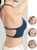 Brasieres traseros bajos sin respaldo para mujeres, ropa interior con escote profundo en V y realce push-up, sujetador sin costuras y transpirable con acolchado, adecuado para ninas con pechos pequenos en azul marino, lenceria