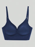 Brasieres traseros bajos sin respaldo para mujeres, ropa interior con escote profundo en V y realce push-up, sujetador sin costuras y transpirable con acolchado, adecuado para ninas con pechos pequenos en azul marino, lenceria