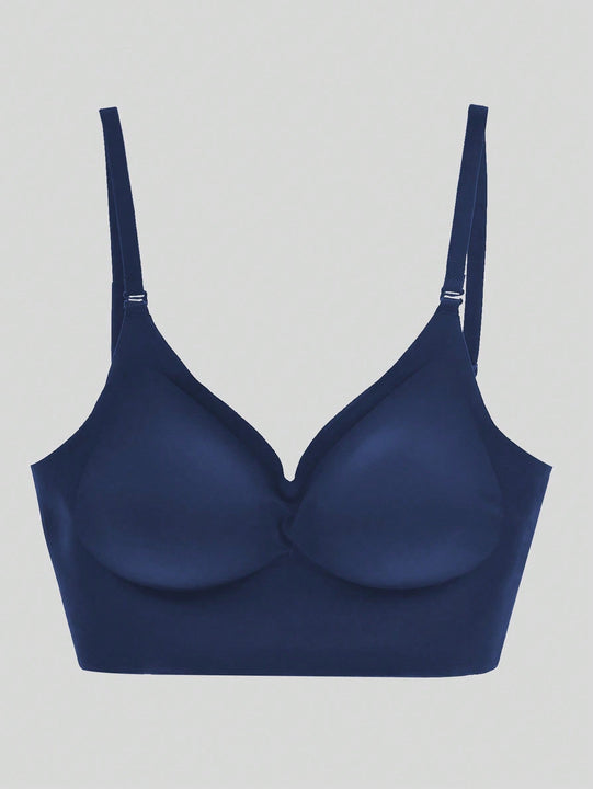 Brasieres traseros bajos sin respaldo para mujeres, ropa interior con escote profundo en V y realce push-up, sujetador sin costuras y transpirable con acolchado, adecuado para ninas con pechos pequenos en azul marino, lenceria