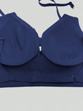 Brasieres traseros bajos sin respaldo para mujeres, ropa interior con escote profundo en V y realce push-up, sujetador sin costuras y transpirable con acolchado, adecuado para ninas con pechos pequenos en azul marino, lenceria