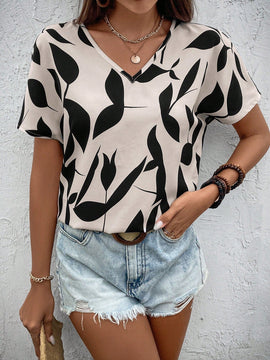 Camisa de manga corta para mujer con estampado aleatorio para uso diario y sencillo