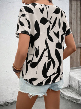 Camisa de manga corta para mujer con estampado aleatorio para uso diario y sencillo