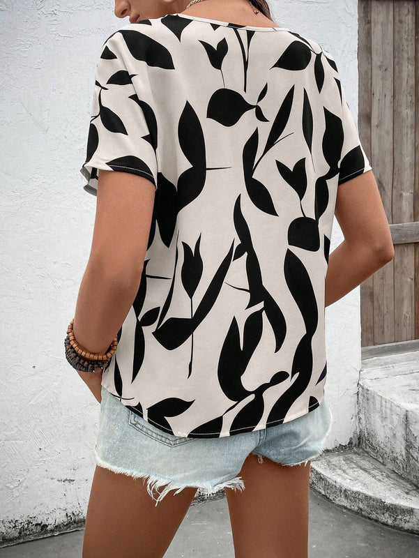 Camisa de manga corta para mujer con estampado aleatorio para uso diario y sencillo