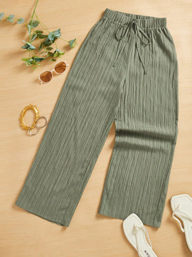 Essnce pantalones casuales de pernera ancha de 7/8 con textura y cintura anudada de unicolor para mujer
