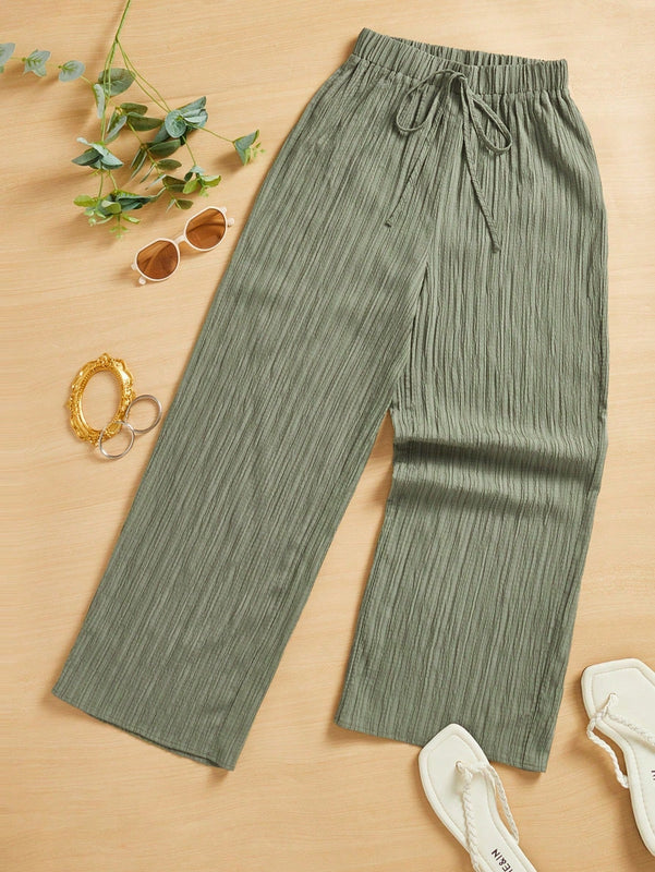 Essnce pantalones casuales de pernera ancha de 7/8 con textura y cintura anudada de unicolor para mujer