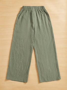 Essnce pantalones casuales de pernera ancha de 7/8 con textura y cintura anudada de unicolor para mujer