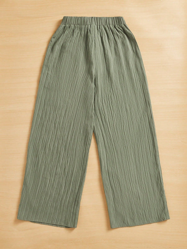 Essnce pantalones casuales de pernera ancha de 7/8 con textura y cintura anudada de unicolor para mujer