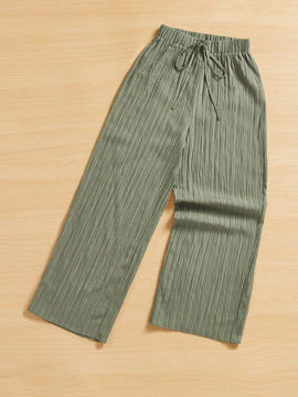 Essnce pantalones casuales de pernera ancha de 7/8 con textura y cintura anudada de unicolor para mujer