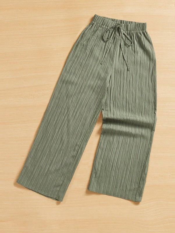 Essnce pantalones casuales de pernera ancha de 7/8 con textura y cintura anudada de unicolor para mujer