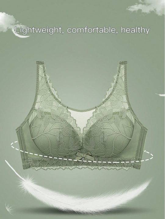 Sencillo Sujetador Inalambrico De Encaje Floral Solido Con Lazo, Sujetador De Cobertura Completa Comodo Y Transpirable, Lenceria Y Ropa Interior Para Mujeres